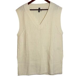 Divided H&M Cream Sweater Vest Ribbed V Neck Split Hem Acrylic Small Oversized